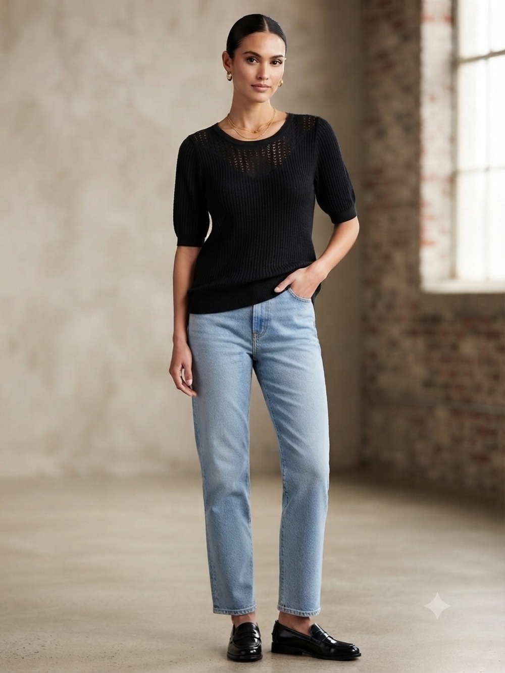 Terra & Sky Black Short-Sleeve Knit Top